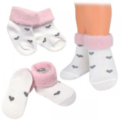 Bavlněné dětské ponožky s chlupáčkovým lemem, Srdíčka - bílé, vel. 80/86, 1 pár, 80-86 (12-18m)
